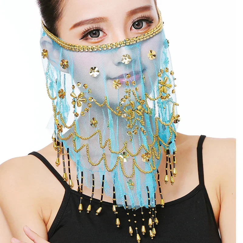 Women Belly Dance Tribal Face Veil Bollywood Face Veil Beaded Masquerade Mask India Dance Accessories Face Veil Arabic Princess