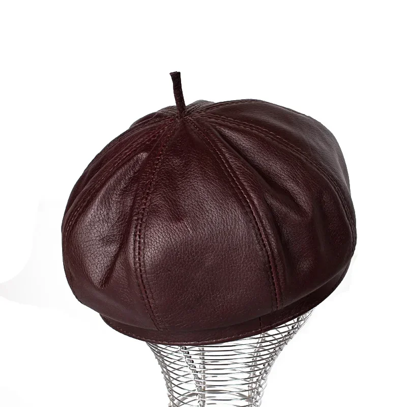 High Quality Genuine Leather Octagonal Hat Lady Fashion Sheepskin Hats Men's Leisure Artist Cap Middle-aged Pumpkin Hats