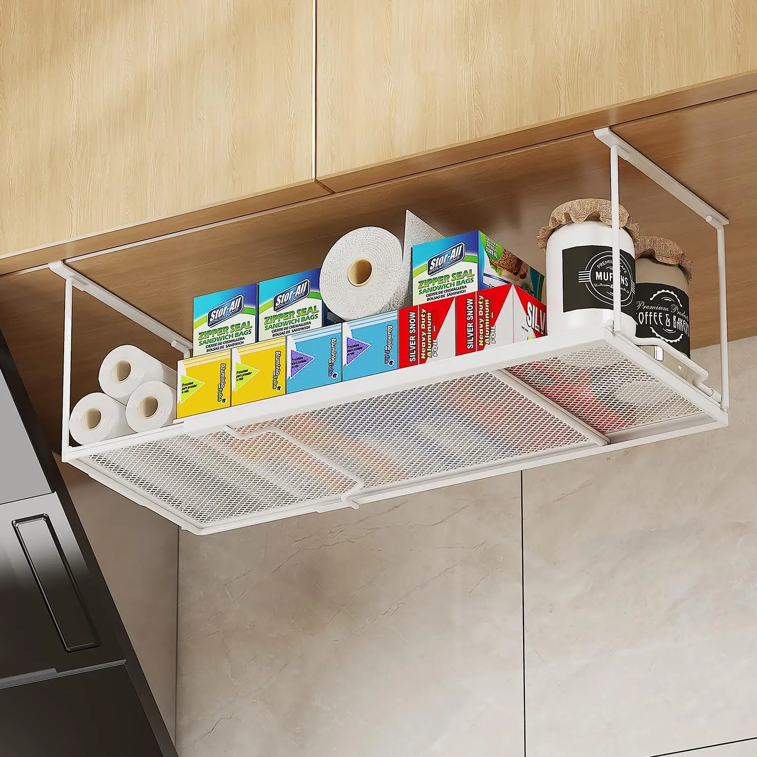 2 Pack Expandable Under Cabinet Shelf, Under Shelf Storage with 0.94 Inches Thick Clips for Kitchen Cupboard, Metal Hanging