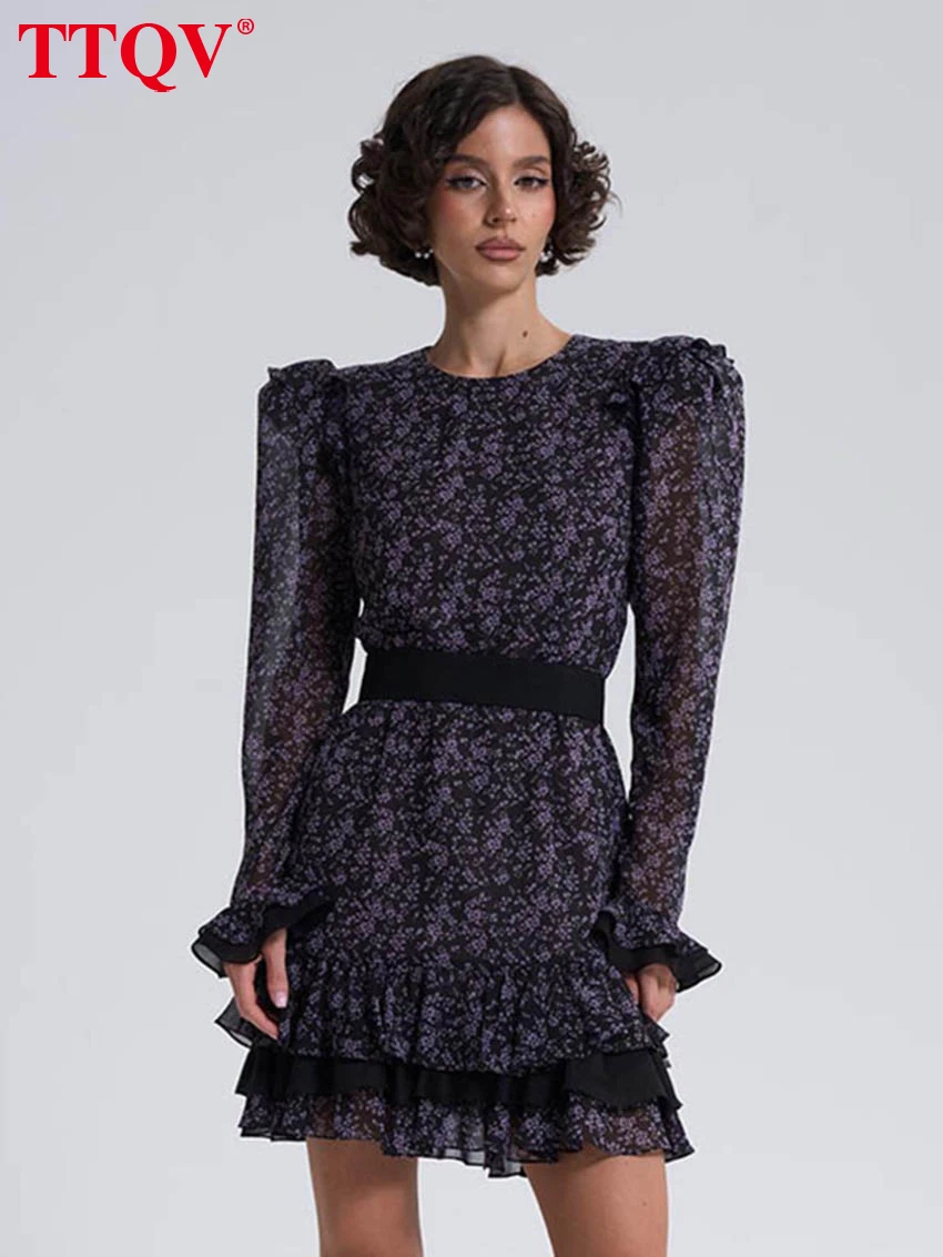 

TTQV Fashion Loose Print Women's Dress 2026 Vintage O-Neck Long Sleeve Mini Dresses Elegant High Waist Pleated Female Dress