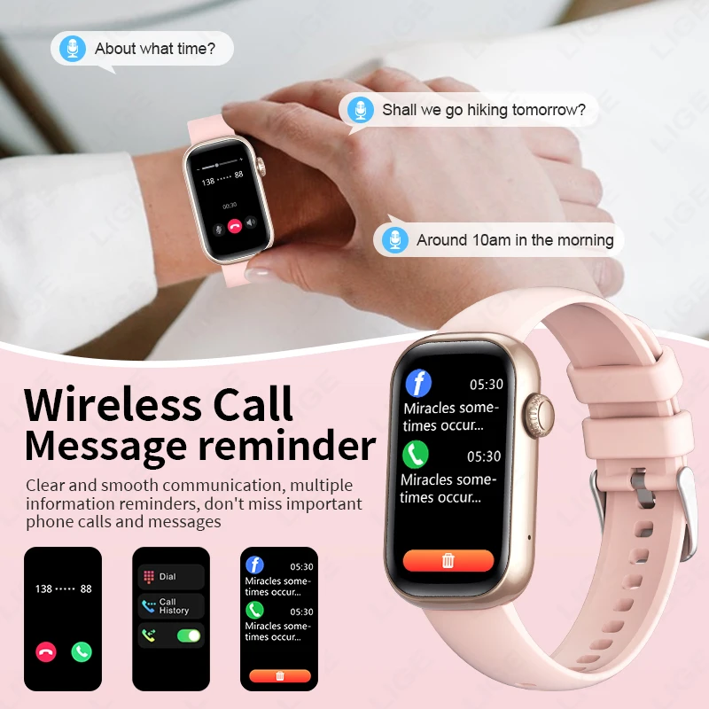 LIGE جديد الرجال النساء بلوتوث دعوة خفيفة الوزن Smartwatch IP68 مقاوم للماء معدل ضربات القلب الصحة الرياضة اللياقة البدنية الموسيقى ساعة ذكية 2026