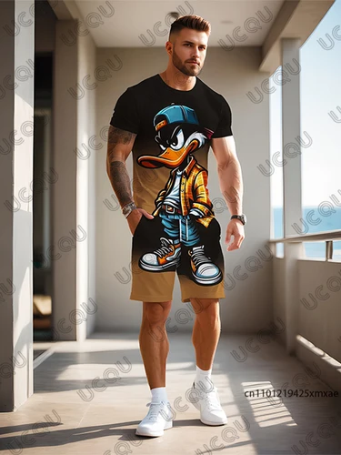 NOVEDAD DE VERANO 2025, conjuntos para hombre con estampado de pato divertido degradado, camiseta de manga corta y pantalones cortos, conjunto informal, ropa de calle deportiva, traje de 2 piezas