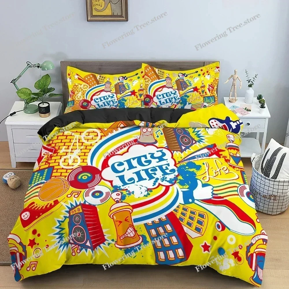 3D Cartoon Graffiti Bedding Set Soft Luxury Duvet  Quilt Cover Set Bedroom Decor King Queen Twin Single Size Bedclothes029592FQH