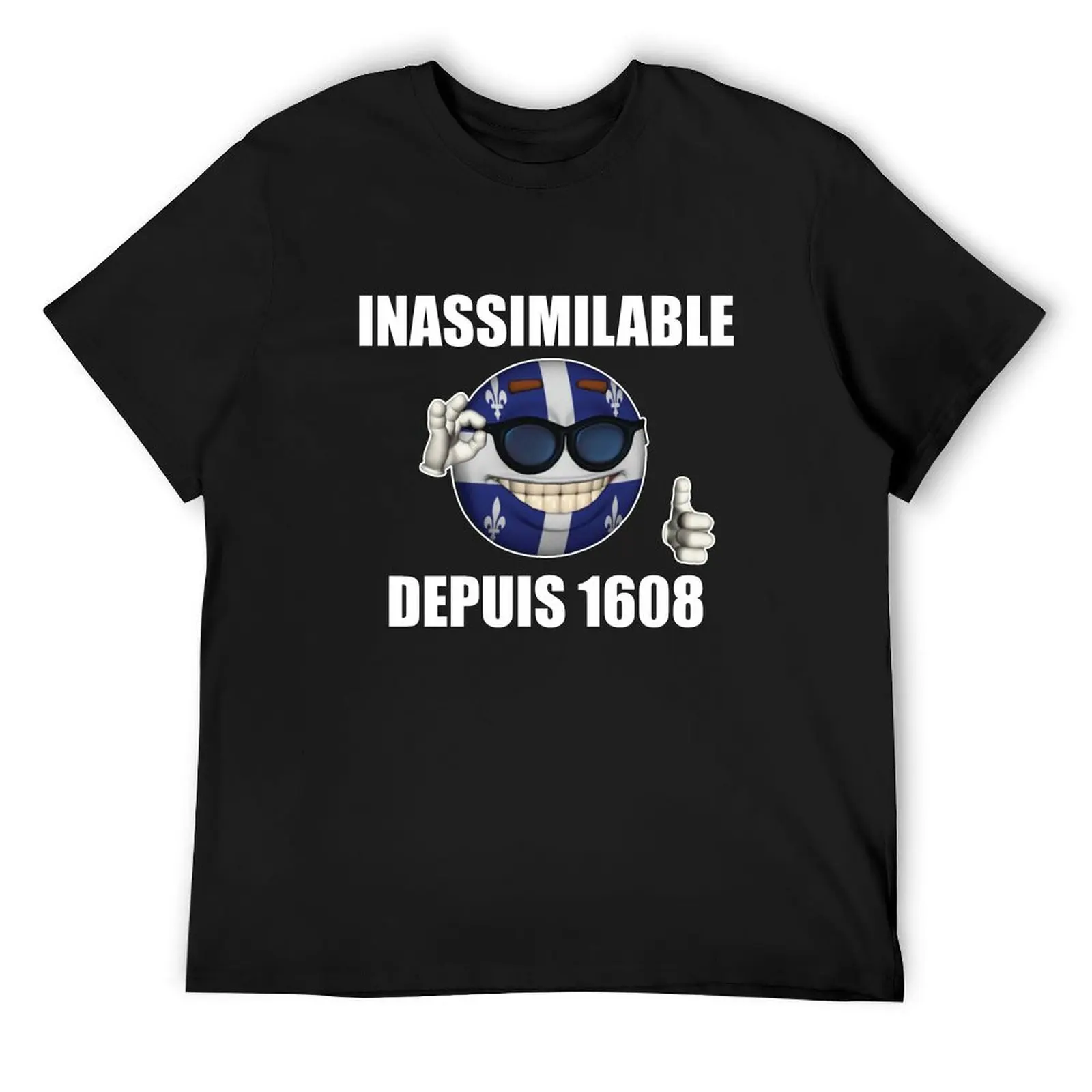 Inassimilable depuis 1608 Québec Anarcho Memeball thumb up Quebec flag black background T-Shirt blue archive tshirts for men