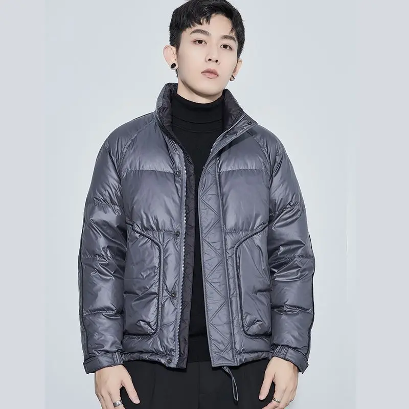Men Short Lightweight Down Jacket Winter Warm Down Coat Korean Loose White Duck Down Big Pockets Zipper Long Sleeve Outerwear