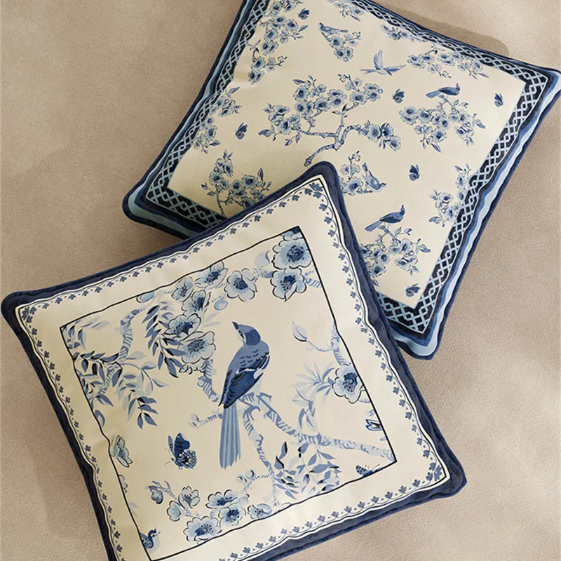 Chinoiserie Blue White Pillow Covers 18x18  Bird Flowers Throw Pillow Covers Outdoor Decorative Pillow Case for Couch Bed Sofa