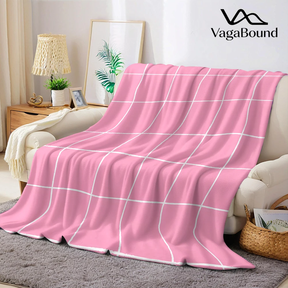 Pink Hand Drawn Grid Flannel Blanket Cartoon Printed Throw Blanket for Kids Adults Soft Plush Bed Sofa Cover Gift