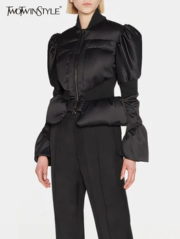 TWOTWINSTYLE, abrigos adelgazantes lisos para mujer, cuello levantado, manga acampanada, Patchwork con cremallera, chaquetas tipo túnica minimalistas, moda femenina