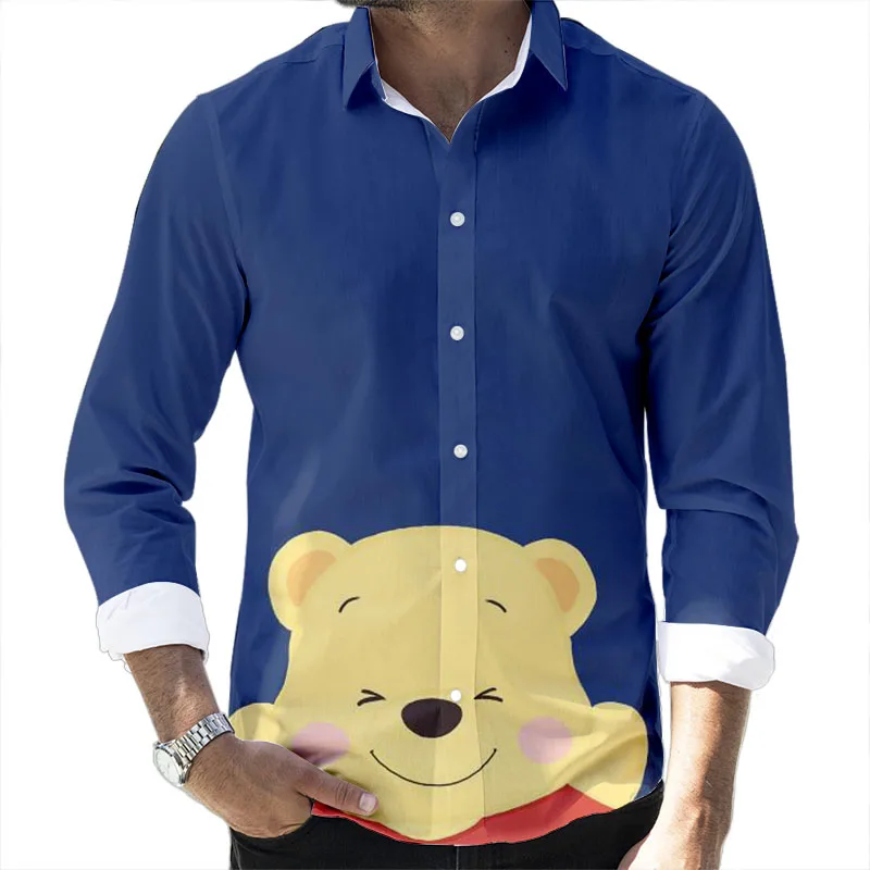 Camiseta de manga larga con estampado 3D de dibujos animados para hombre, Camisa ajustada con solapa, informal, de la marca Disney Stitch y Winnie the Pooh, novedad de Otoño de 2022