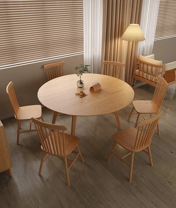 Solid wood folding round dining table household small apartment table and chairs