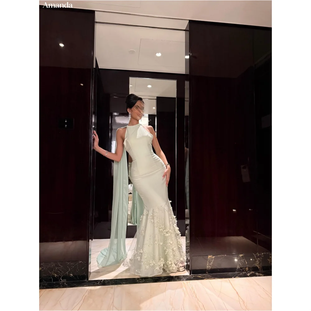 Amanda Customizd High Halter neck Chiffon cape Satin Mermaid dresses Evening gown Waist Cinching 3D Floral Elegant Party dresses