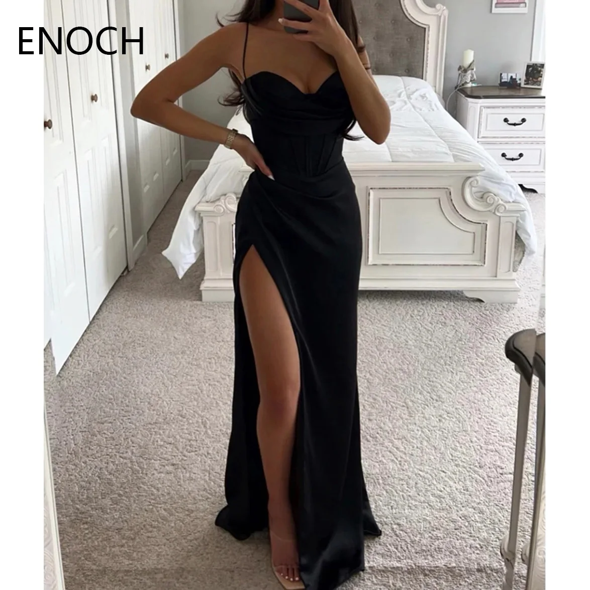 ENOCH Sexy Side Slit Sereia Vestido de Noite Novo Spaghetti Straps Querida Backless Satin Party Prom Vestidos Formais فساتين الحفلات