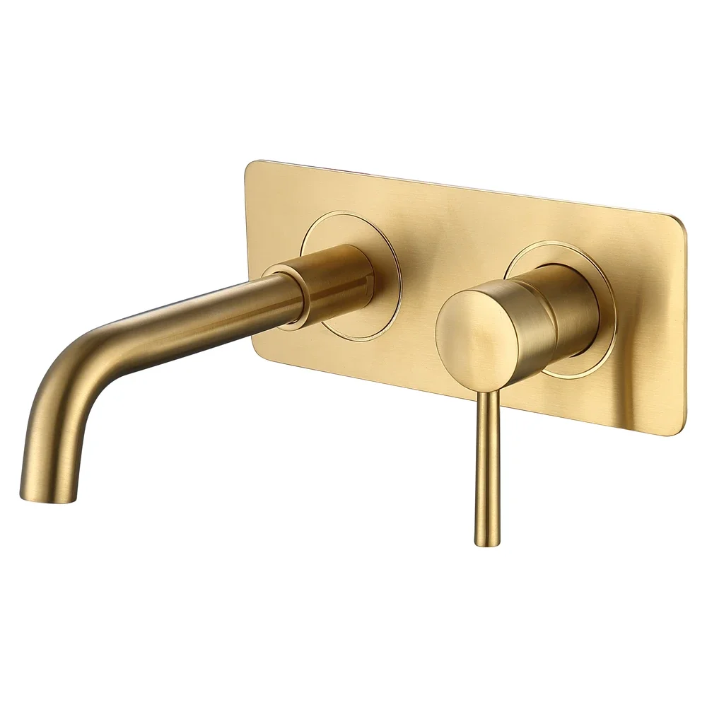 Luxury Design Brush Golden Finished Washroom Faucets Solid Brass Built In Wall Mounetd Hot Cold Basin Mixer Taps