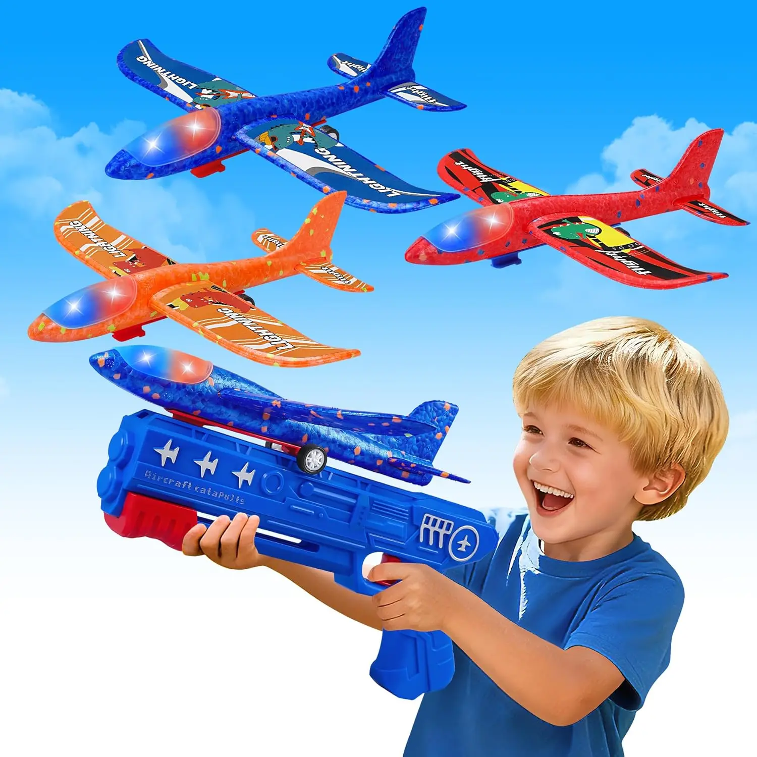 Paquete de 3 Aviones de Espuma LED con Catapulta, 2 Modos de Vuelo, Juguete Volador para Niños Mayores de 6 Años, Regalos de Fiesta de Cumpleaños