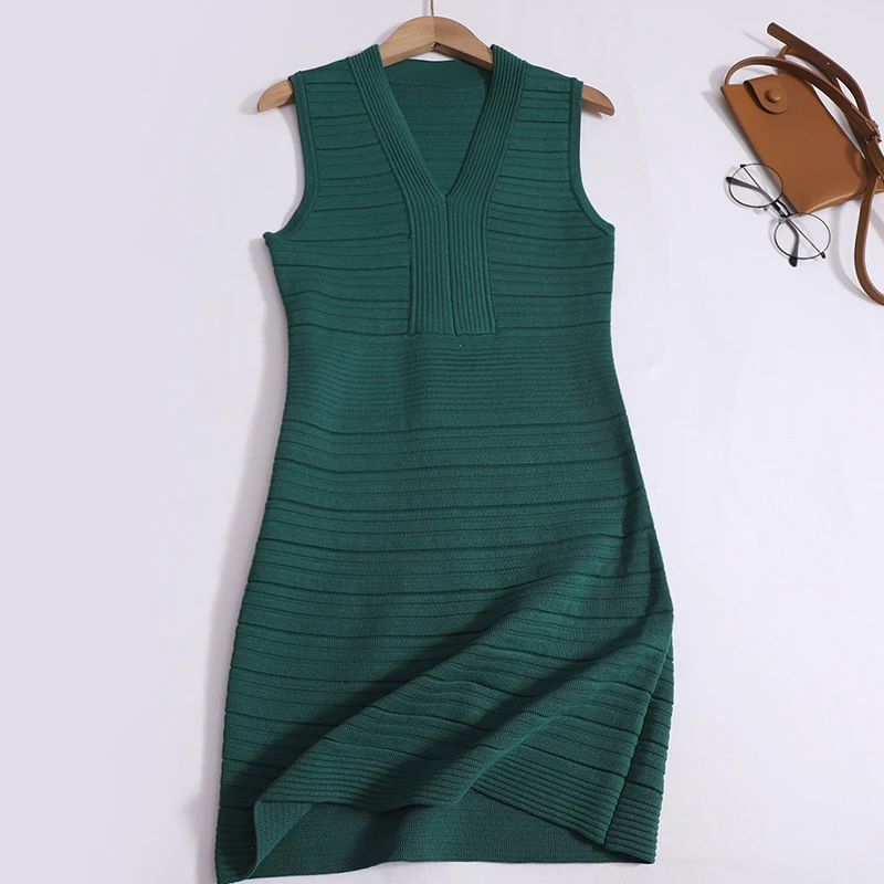 

Knitted Tank Dress Women's Autumn Basic Elegant Office Dresses Sleeveless Solid Color V-neck Short Dress