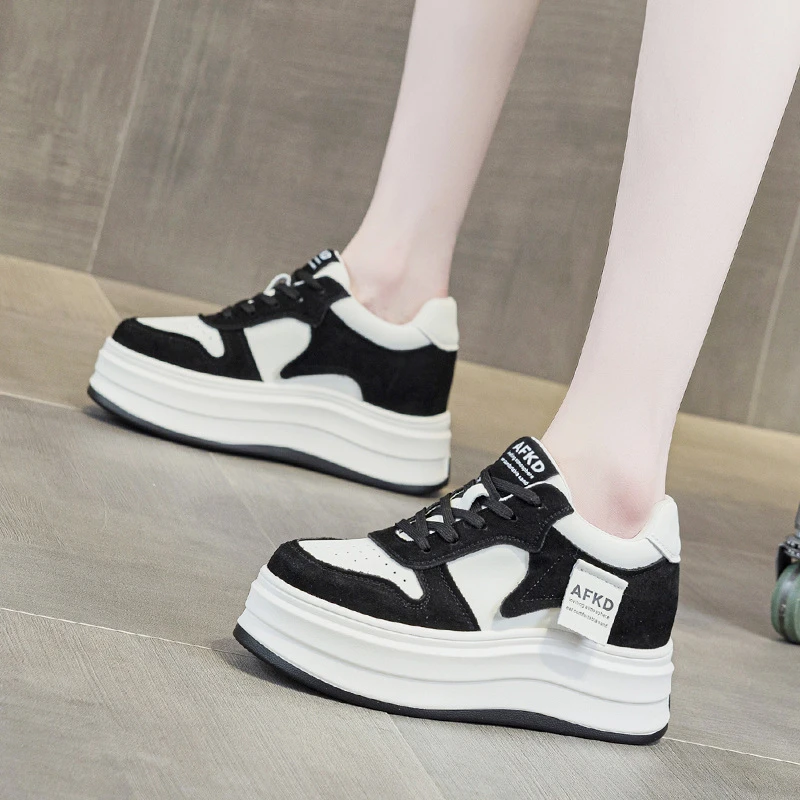 

Womens Brown White Colorblock Platform Chunky Sneakers Suede Upper Hidden Heel Lift Casual Sports Dad Shoes For Daily Wear
