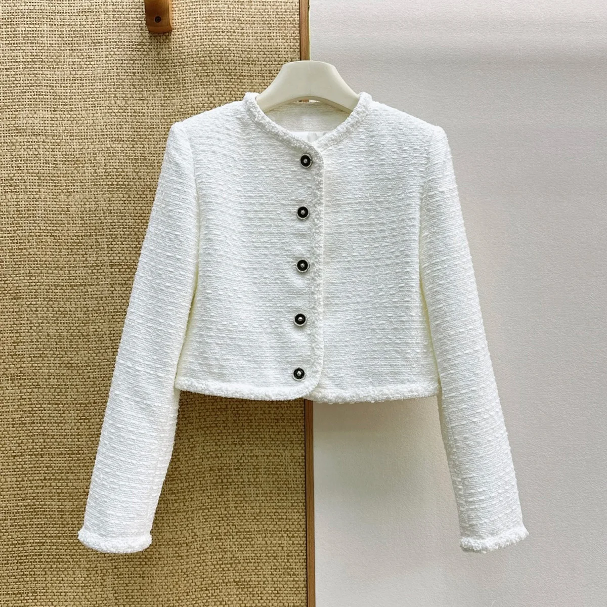 High Quality Women Round Neck Cropped Tweed Jacket Single Breasted Fringe Trim Short Coat lyt2672278