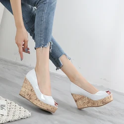 31-43 Wedge Open Toe Shoes Women High Heel Platform Shoes Patent Leather