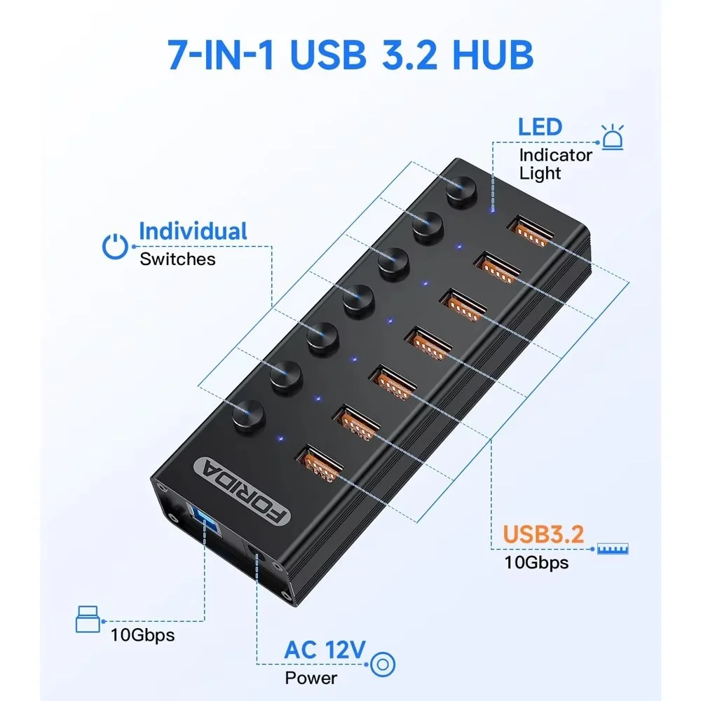 USB 3.2 Hub 10Gbps 4/7-Port USB Splitter with 3.3ft Long Cable Individual LED Switches and 12V Power Adapter for MacBook