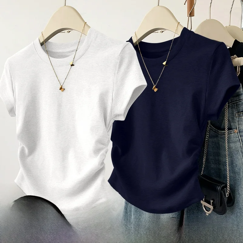 

Women's ort Sve T-irt Elastic Waist Design Summer Faionable Single Wear High End Pleated Top Korean Sle Slim Fit