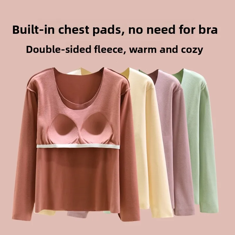 Thickened Fleece Warm Top Women's round Neck Vest Autumn Winter Thermal Underwear Seamless Comfortable Base Layer Shirt