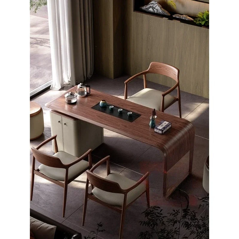 solid wood tea table, light luxury, modern high-end feel, saddle leather home kung fu coffee table,balcony tea table combination