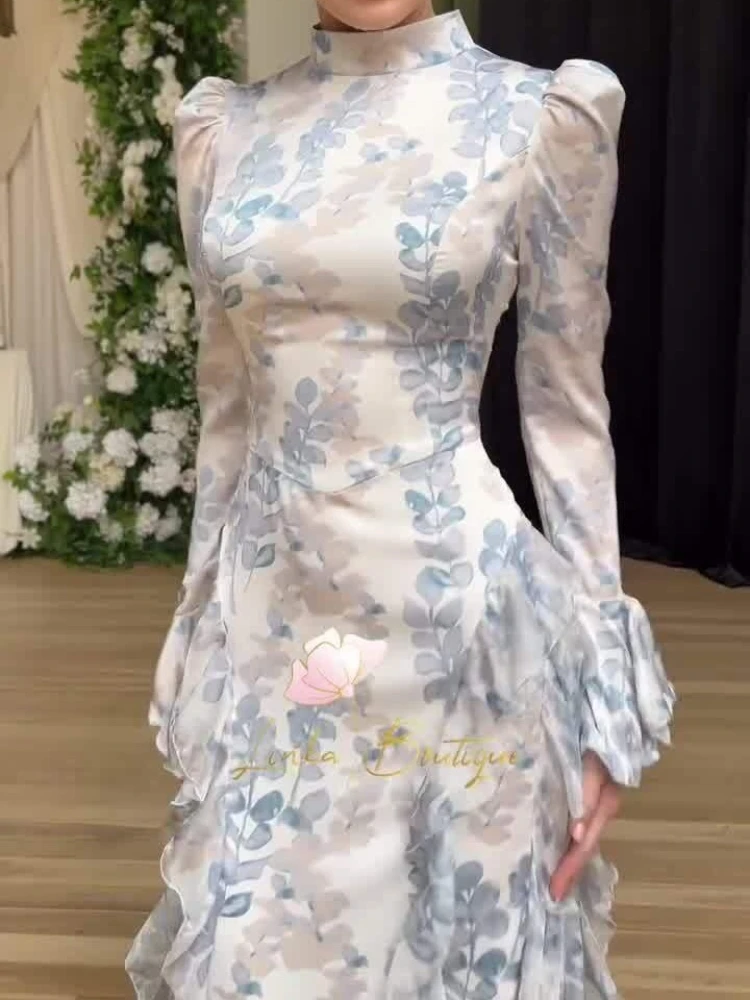 جديد الصيف لطيف نمط سليم صالح الدانتيل يصل فستان ستان مطبوع بأكمام طويلة فستان طويل للنساء فستان أنيق الملابس النسائية