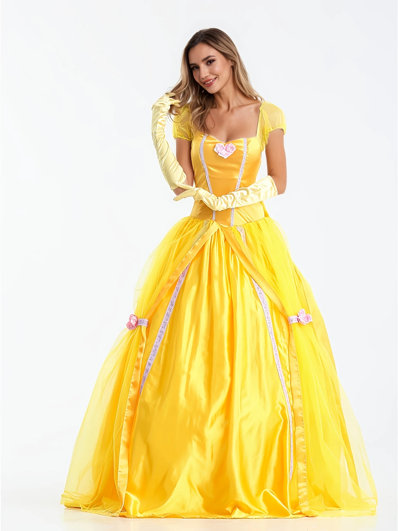 Vestido de princesa de Halloween/Navidad, vestido amarillo, disfraz de actuación viene con lazo grande desmontable y guantes en la espalda