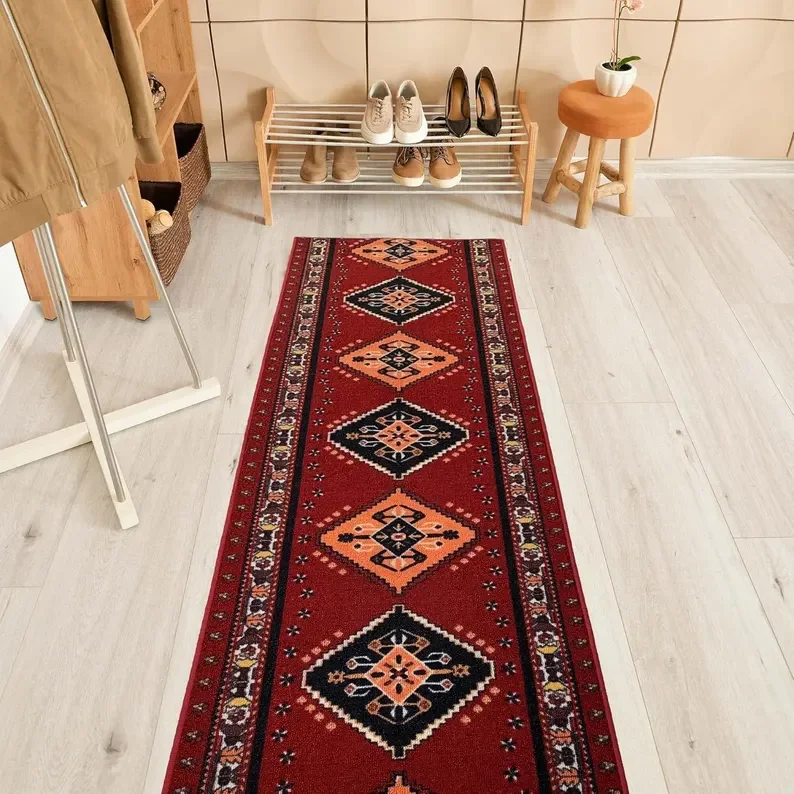 

Wide Extra Long Southwest Boho Runner Rug Custom Length Red Color with Non-Slip Backing Hallway Foyer Rug Pet Friendly Carpet