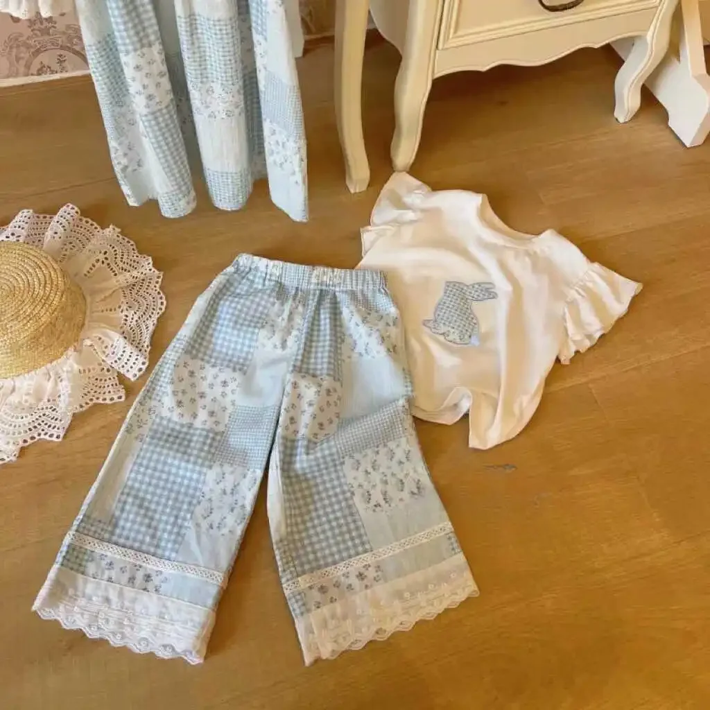 

Kids Children 2pcs Casual Comfortable Clothes 2025 Baby Girls Summer Clothing Set Cute Rabbit Tops T-Shirts+cotton Printed Pants