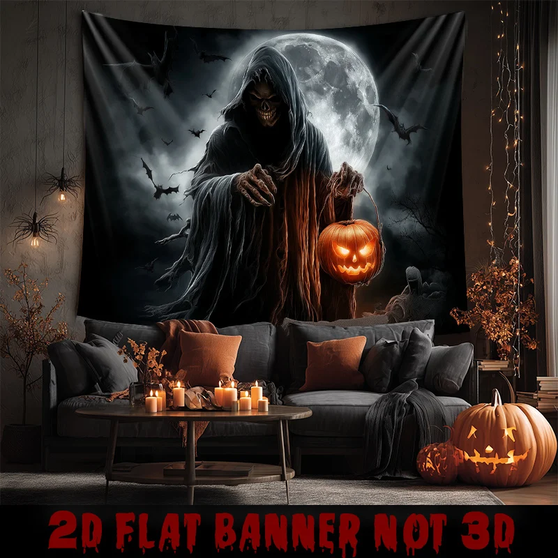 Grim Reaper Tapestry - Dark Fantasy Halloween Hanging, Eerie Background for Haunted House & Halloween Night Decor