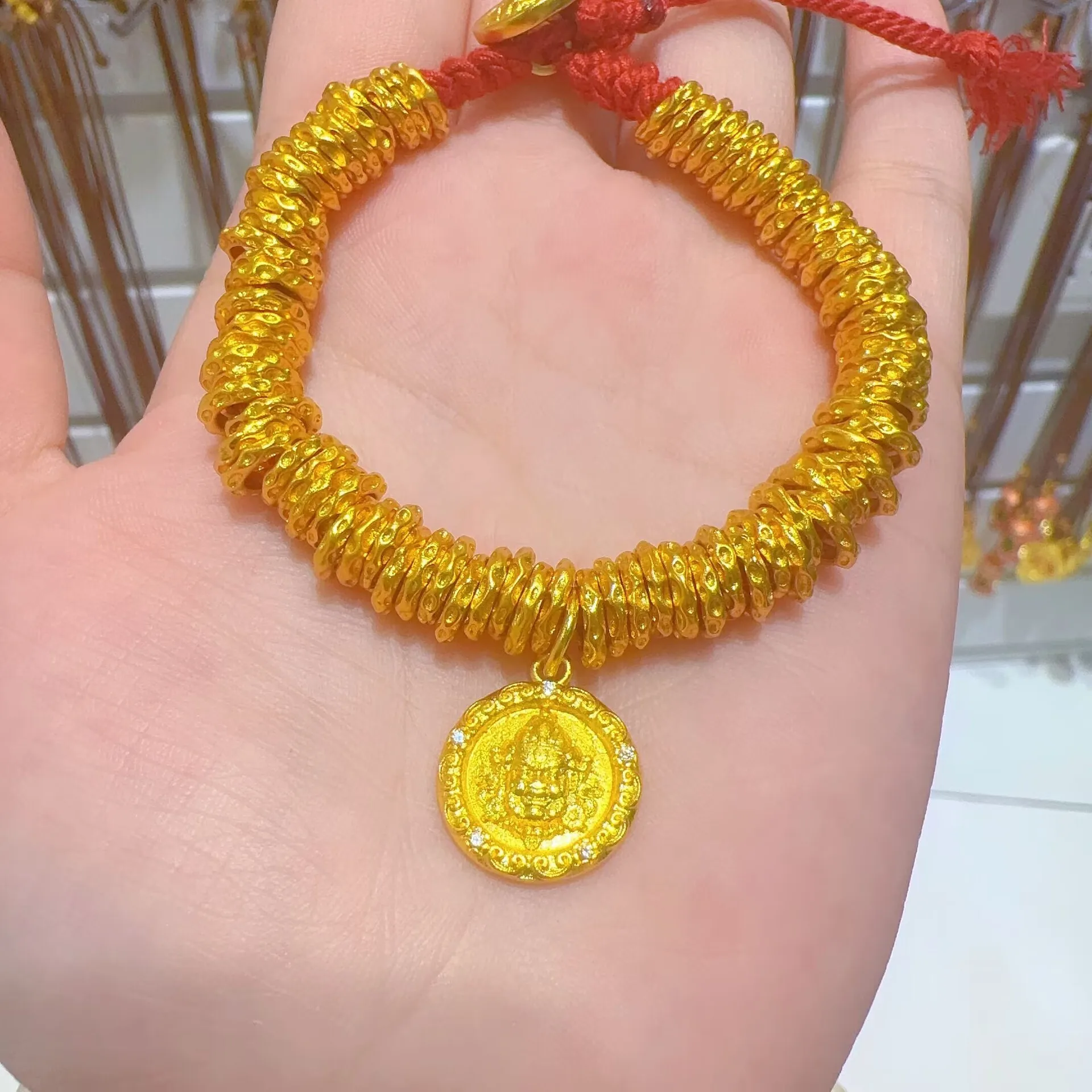 

Plated Real Gold Strong Preservation Ancient Magic Sand Golden God Of Wealth Wrapped Hammer Pattern Spacer Running Girls Gift