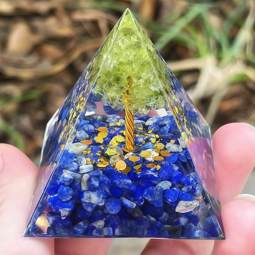 Tree of Life Orgonite Pyramid Natural Lapis Lazuli Peridot Crystal Chakra Meditation Home Decor Healing Crystal Stone Gift
