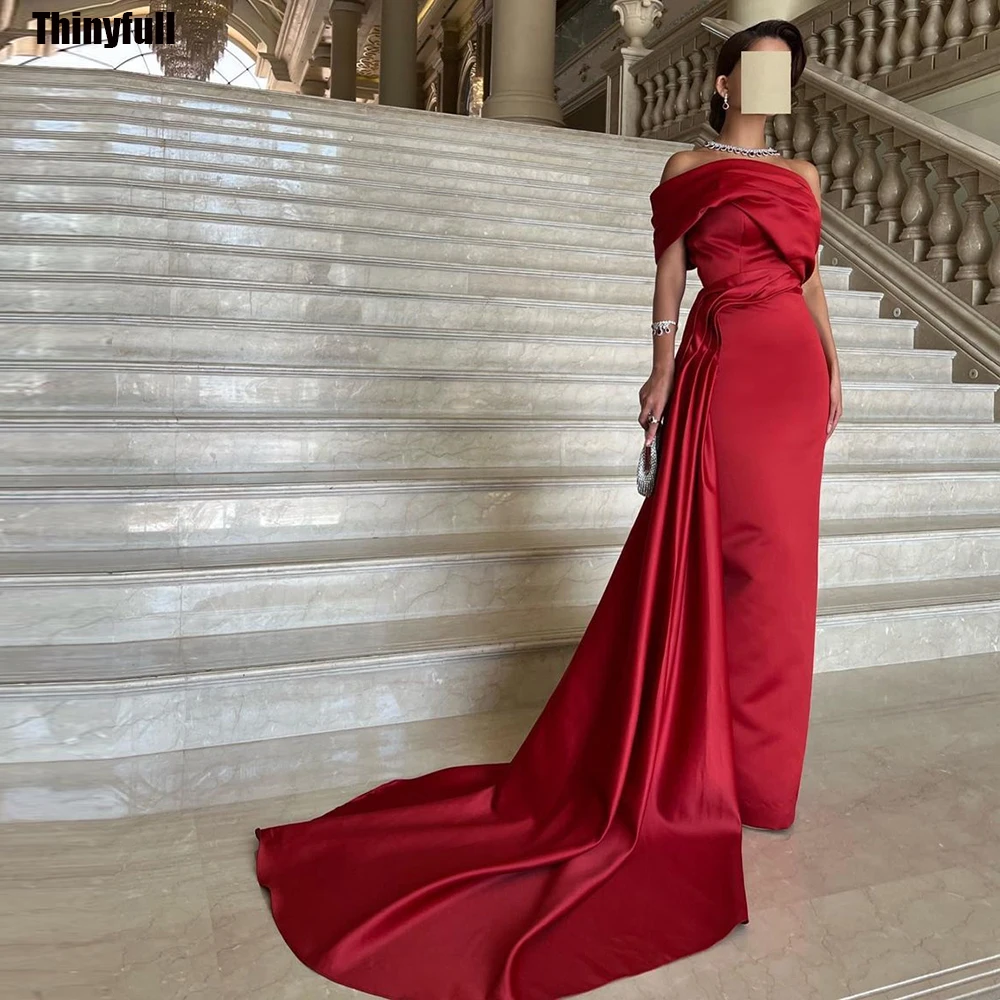 

Thinyfull Mermaid Saudi Arabia Evening Party Gown Strapless Off Shoulder Prom Dresses Satin Formal Occasion Dress Robe De Soirée