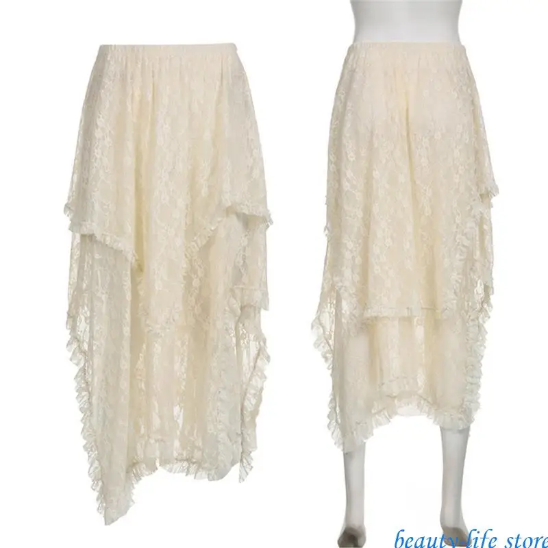 

Women Vintage Elastic Waist Layered Ruffle Lace Asymmetrical A-Line Midi Skirt 517D