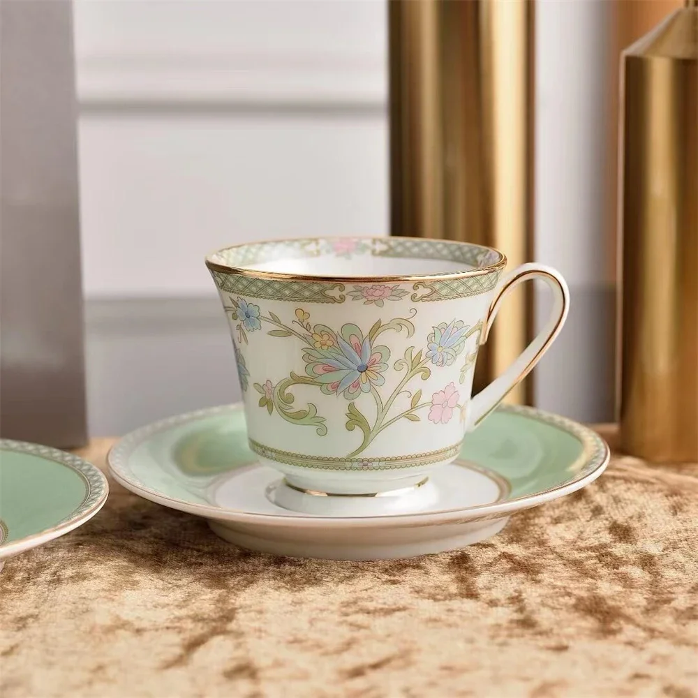 American-Style Bone China Coffee Cup And Saucer Gift Set Kitchen Supplies Rose Plant Print Double Cup And Saucer Pastoral Style