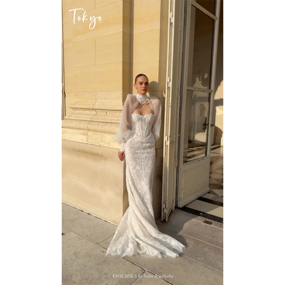 Tokyo High Neck Shrug Lace Corset Wedding Dress Puff Sleeve Bridal Gown Mermaid Sheer Prom Evening Church Ceremony Formal Attire