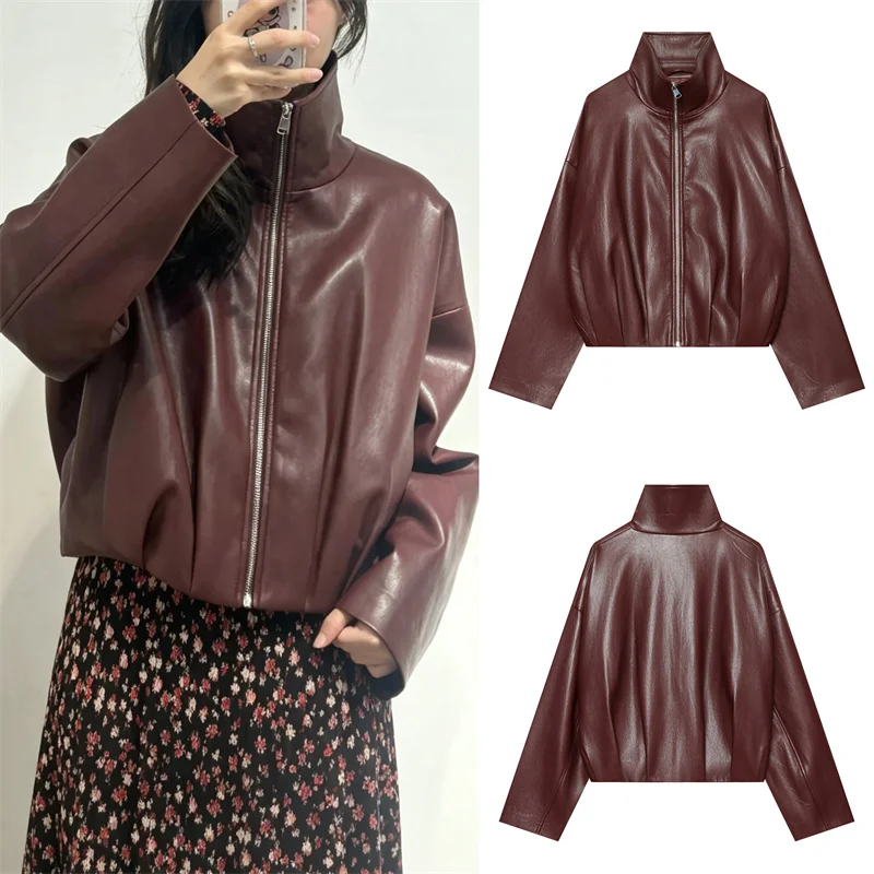 Guobioziy Women's Jacket 2026 Early Autumn New Retro Stand Collar Zip-Up Oversized Versatile Faux Leather Short Coat