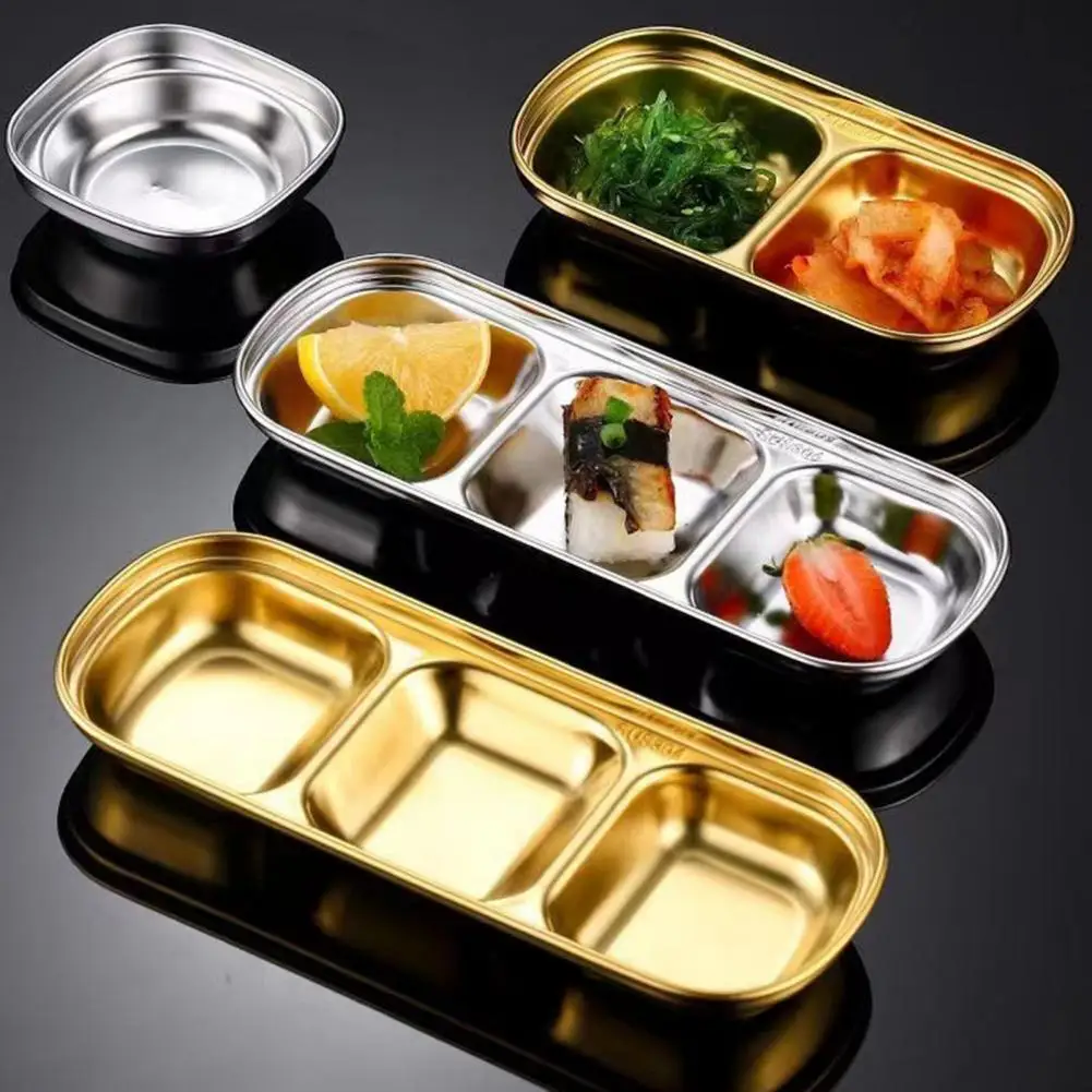 Sauce Dish Stainless Steel Divided Sauce Dip Bowl Camping Dinnerware Vinegar Soy Spice Condiment Tray For Outdoor Picnic Tools