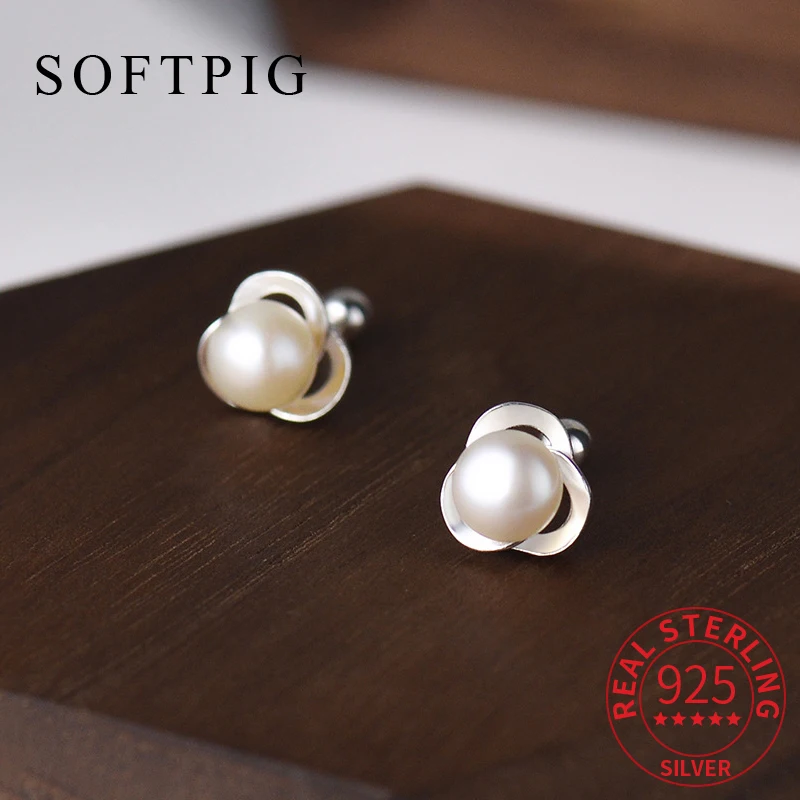 

SOFTPIG Real 925 Sterling Silver Pearl Piercing Screw Flower Stud Earrings for Women Cute Fine Jewelry Light Luxury Accessories