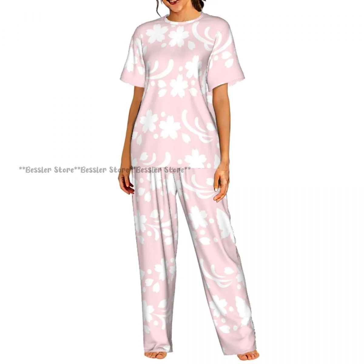 

Женский пижамный комплект с рисунком розовых цветов вишни и бабочек, одежда для сна с короткими рукавами, комплект из 2 предметов, домашняя одежда, одежда для отдыха