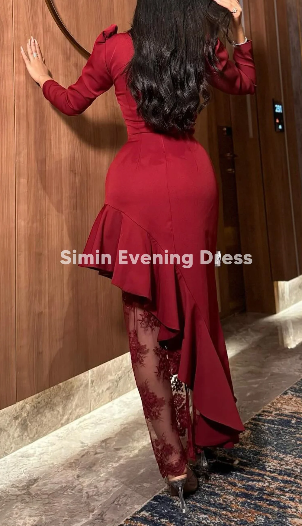 시민 여성 크레이프 스퀘어넥 롱 슬리브 이브닝 드레스, 사이드 슬릿 러플 발목 기장 레이스 패치워크 프롬 가운 2025