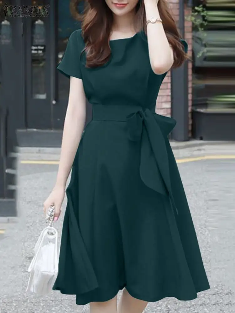 ZANZEA Summer Short Sleeve Dress Women Fashion Party Work Sundress Elegant Solid A-line Vestido Casual Knee-length Robe Femme