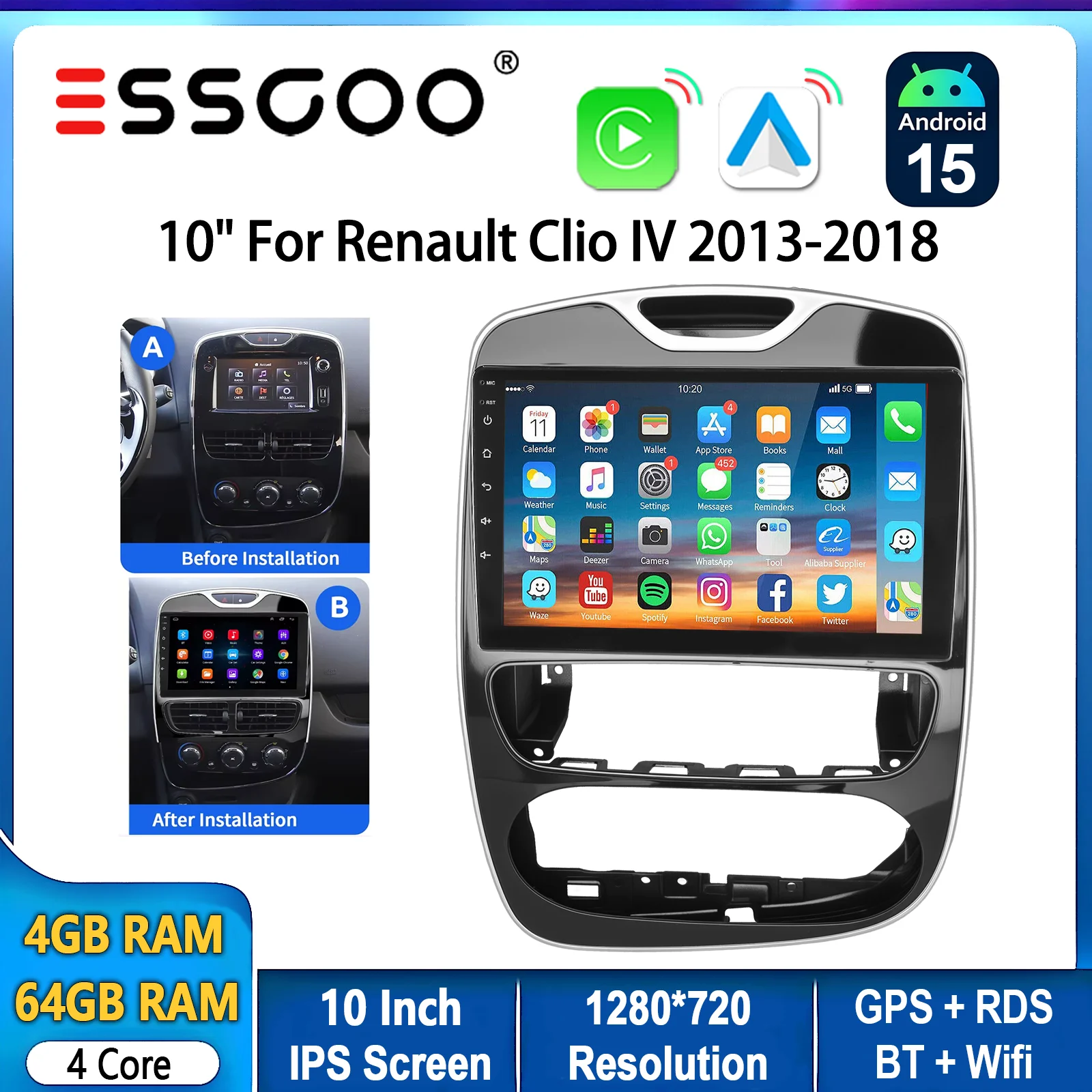 ESSGOO 10" sans fil CarPlay Android Auto pour Renault Clio 4 2012-2019 Android 15 autoradio GPS NAVI BT FM SWC écran tactile