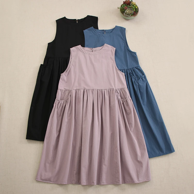 

Japanese Sweet Mori Girl Solid Color Tank Dress Women Summer New O-Neck Sleeveless Big Pocket Front Casual Loose Midi Dresses