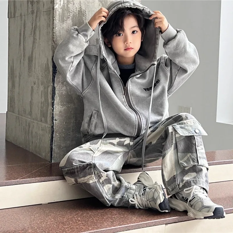 

Куртка с капюшоном для мальчиков, осень 2023, мягкая модная детская одежда в корейском стиле, потертая серая, черная куртка, пальто