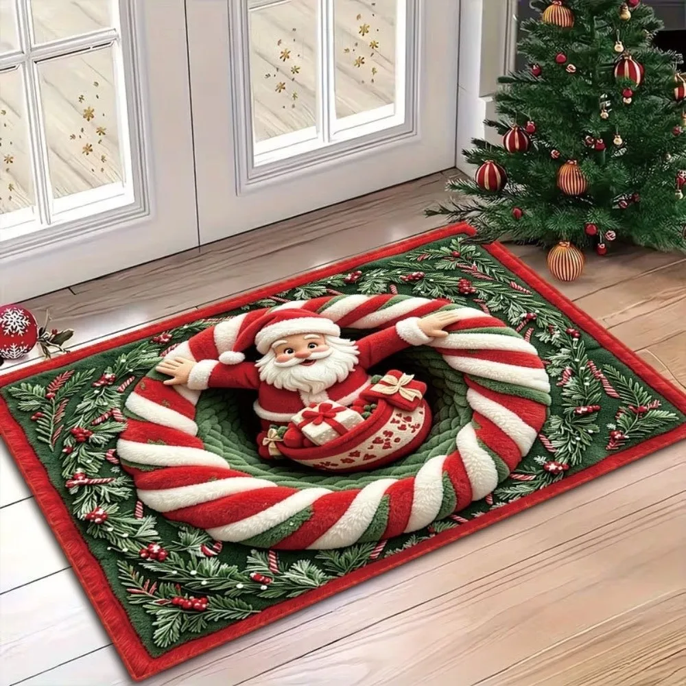 2D Flat Printed Christmas Rug Non-Slip Quick Dry Santa Claus Carpet Soft Cartoon 3D Illusion Floor Mat Floor Protection