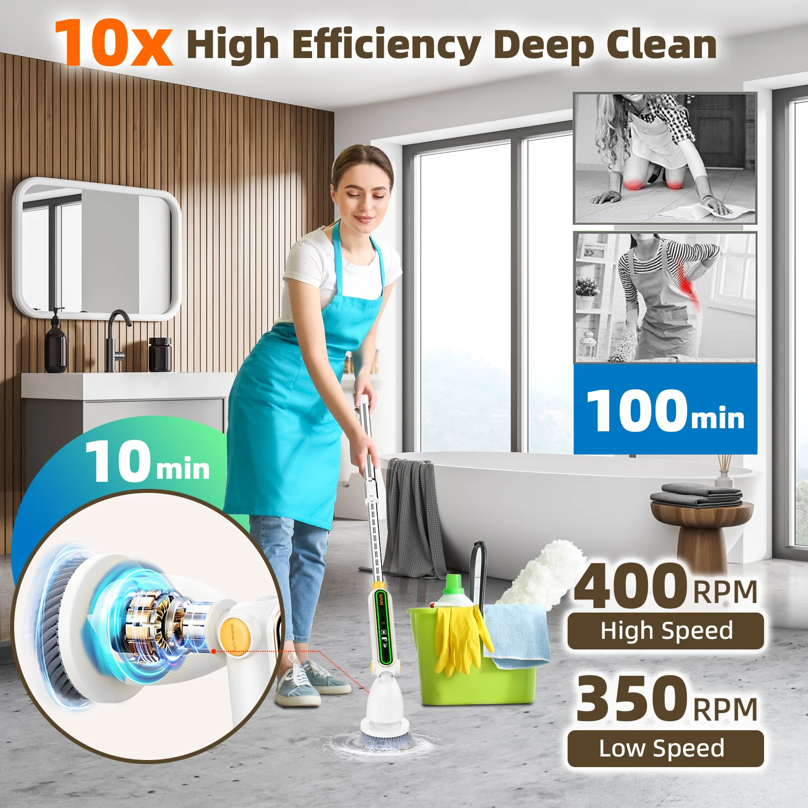 Electric Spin Scrubber, Smart Quiet Cordless Shower Scrubber, 8 Replaceable Heads, Adiustable Extendable Pole, Dual- Speed Powe