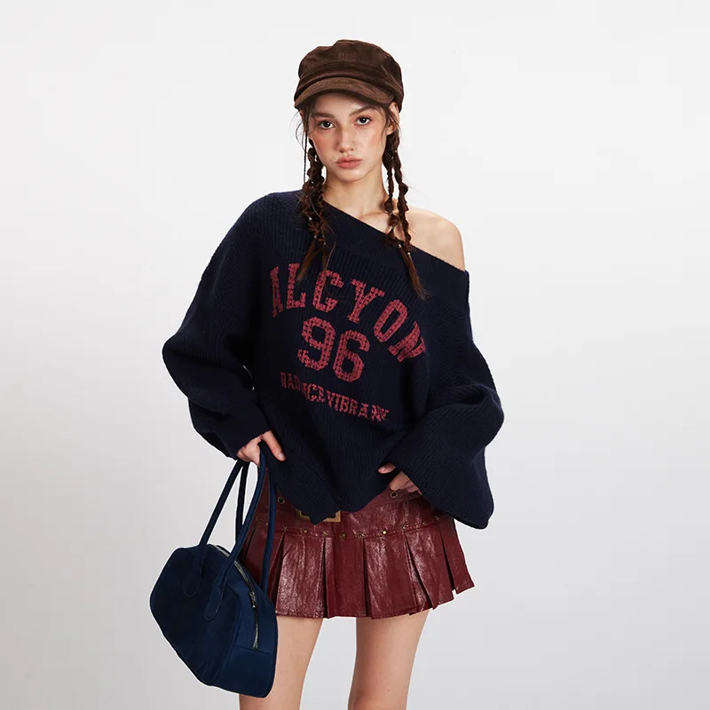 

American Retro Short Off-Shoulder Knitted Sweater for Women Loose Fit Autumn Winter Outerwear