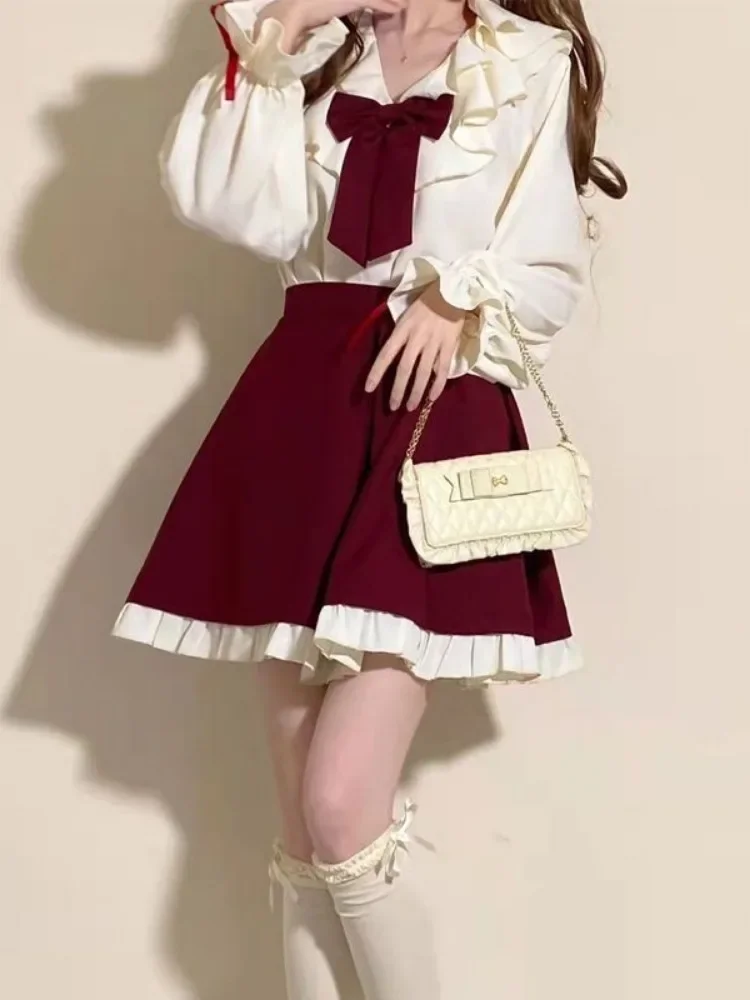 Kawaii Two Pieces Set Women Korean Outfits Bow Loose Flare Sleeve Blouse+mini Pleated High Waist Skirts 2024 Autumn Casual Suit